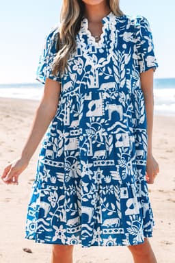 image-Blue Ricrac Trim Split Neck Floral Loose Dress