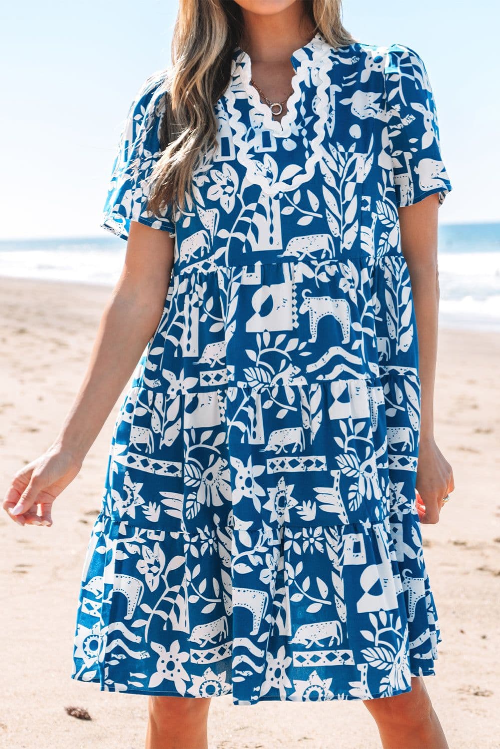 image-Blue Ricrac Trim Split Neck Floral Loose Dress