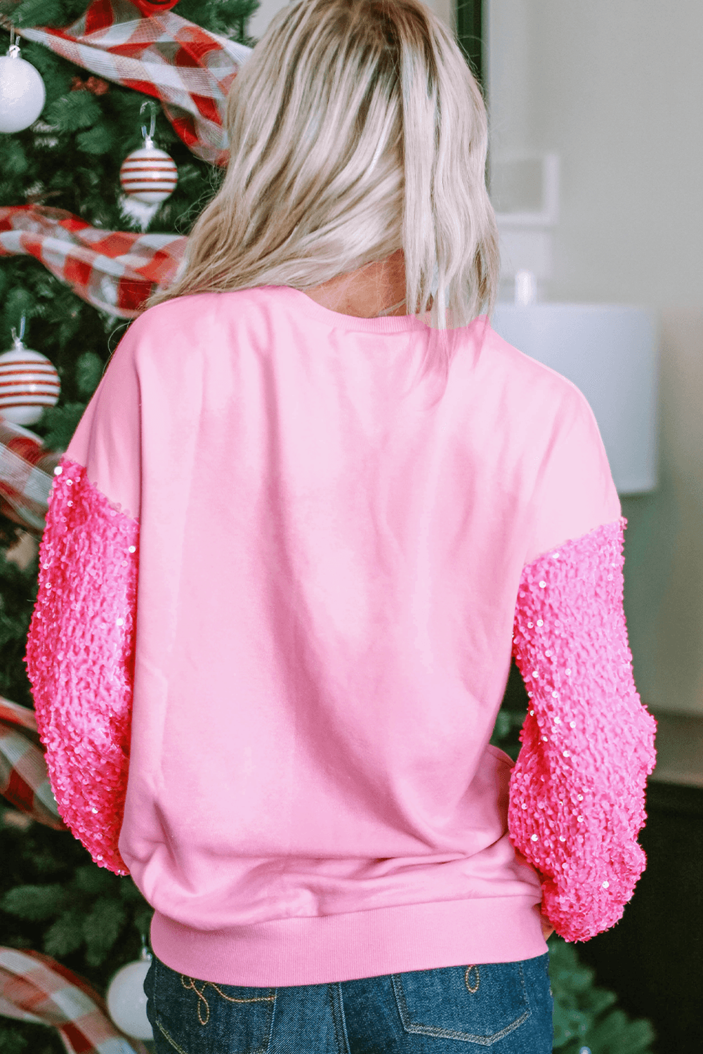 image-Pink Leopard Heart Sequin Long Sleeve Top