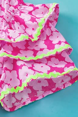 image-Pink Floral Ruffle Sleeve Blouse - Layered Contrast Ric Rac