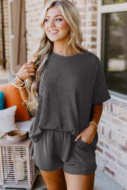 image-Phalaenopsis Ribbed Textured Knit Loose Fit Tee and Shorts Set