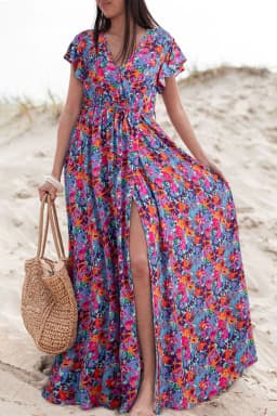 image-Blue Floral V Neck Wrap Split Maxi Dress