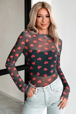 image-Black Valentines Heart Printed Sheer Mesh Long Sleeve Top
