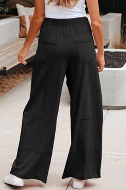 image-Smoke Gray Mineral Wash Exposed Seam Drawstring Elastic Waistband Wide Leg Cargo Pants