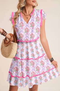 image-Purple Floral Tiered Ruffle Sleeveless V-Neck Mini Dress