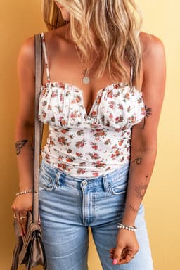image-White Floral V-Neck Bodysuit Spaghetti Straps
