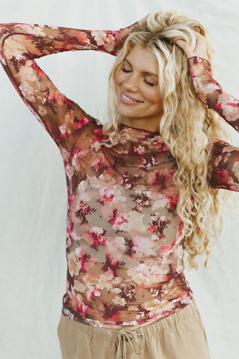image-Floral Print Sheer Mesh Long Sleeve Top - XL Size