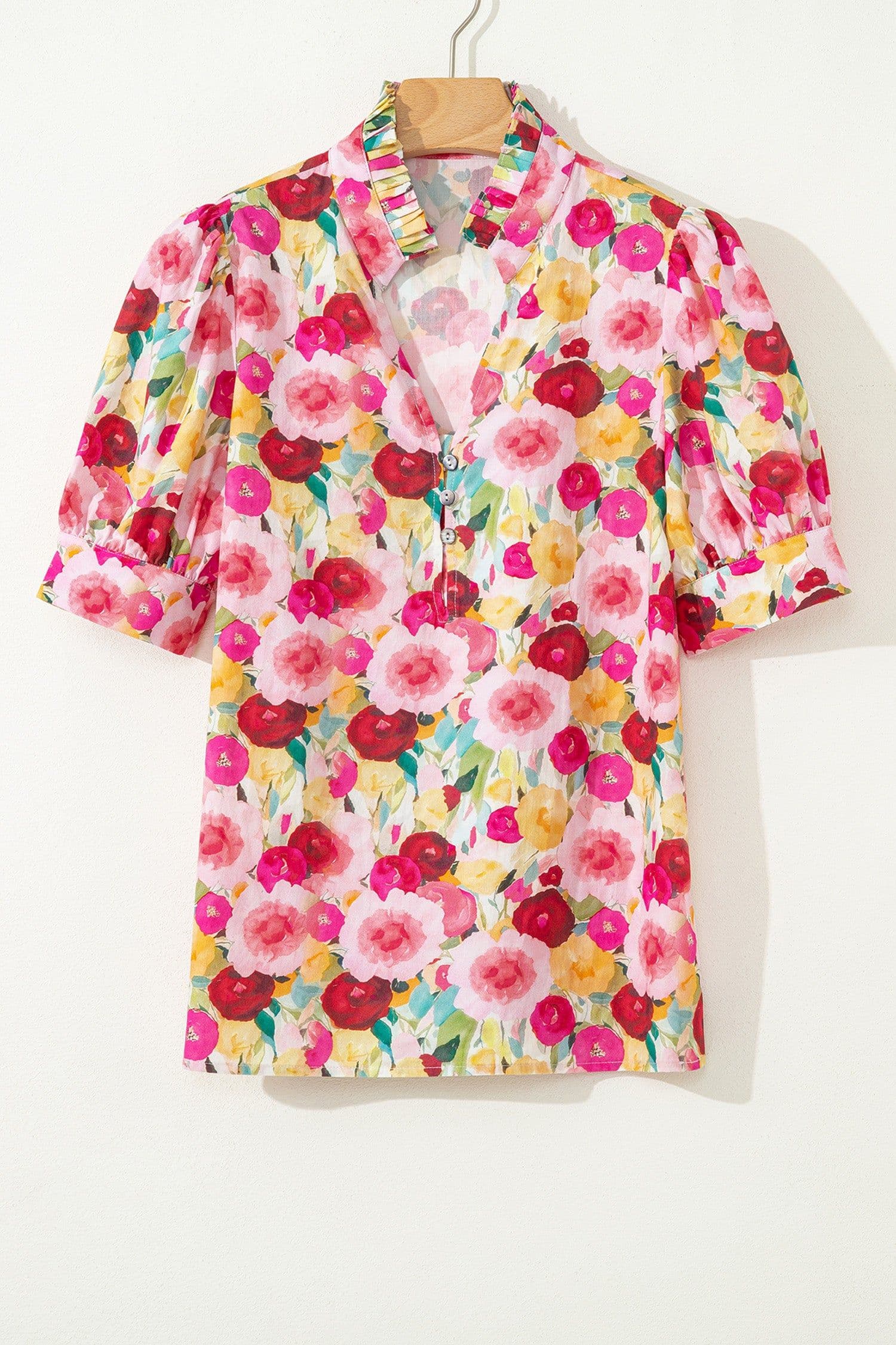 image-Pink Floral Blouse - Frilled V Neck Puff Sleeve