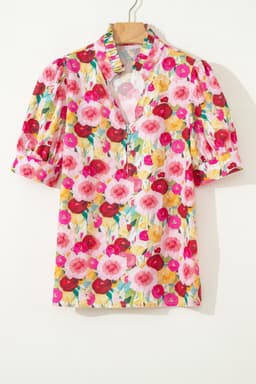 image-Pink Floral Frilled V Neck Puff Short Sleeve Blouse