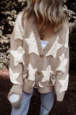 image-Sherpa Star Pattern Textured Cardigan - Khaki with Pockets