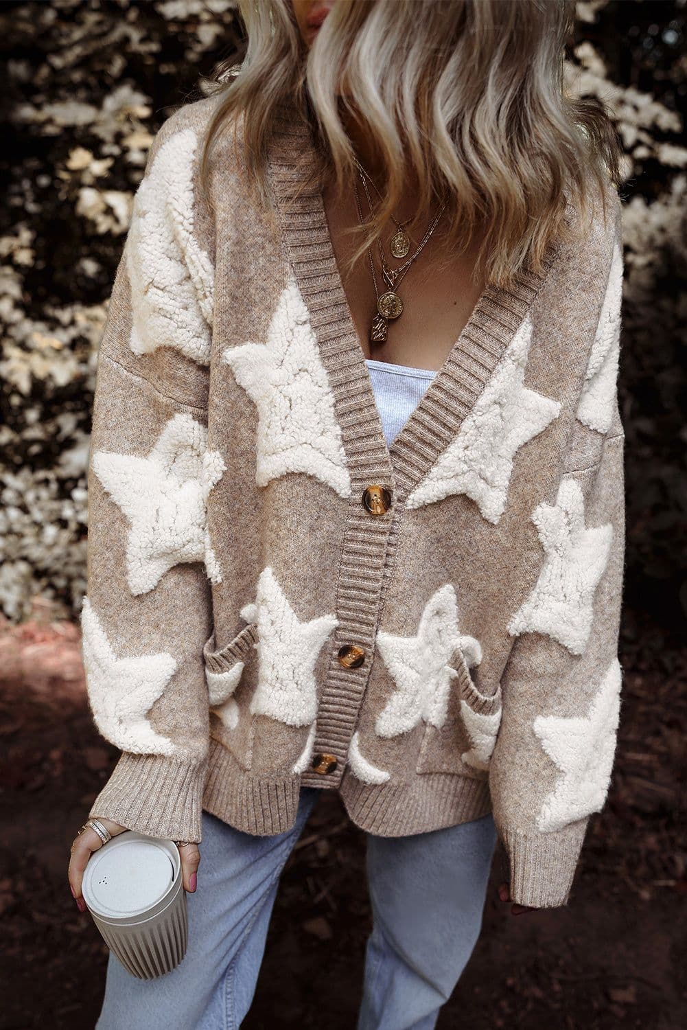 image-Sherpa Star Pattern Textured Cardigan - Khaki with Pockets