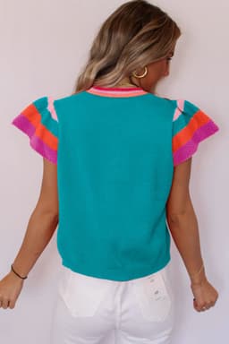 image-Turquoise Flutter Sleeve Knit Sweater