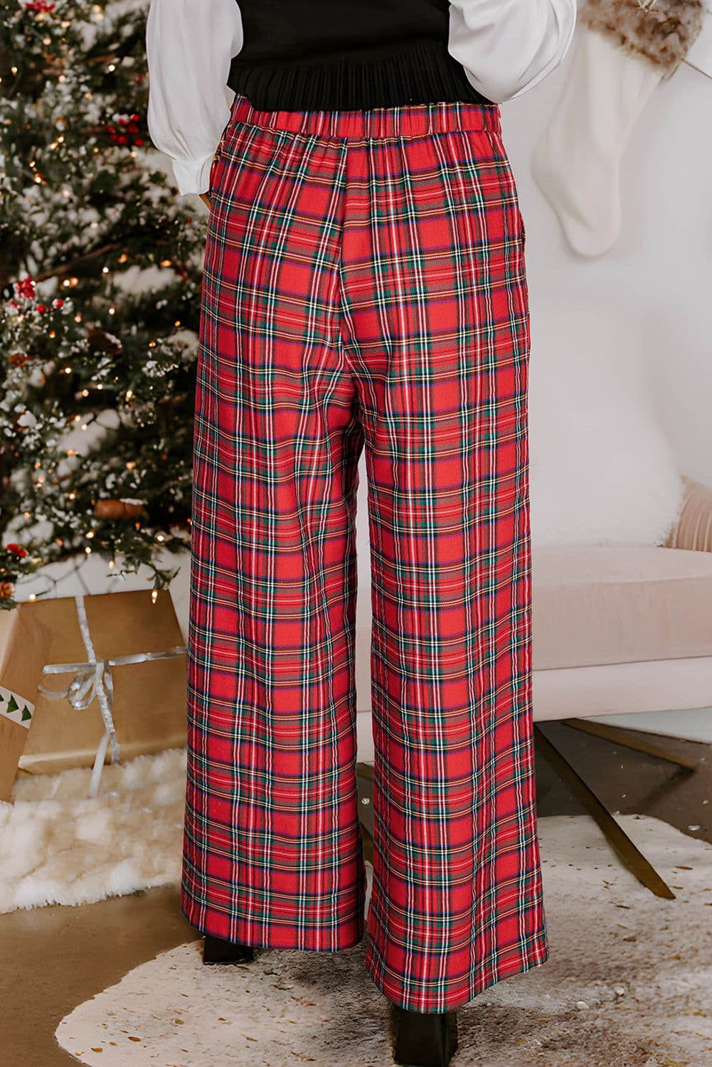 image-Red Festive Plaid Wide Leg Pull On Pants