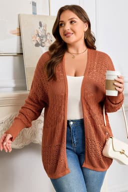 image-Redwood Plus Cardigan - Mixed Pattern Knitted - Open Front - Plus Size