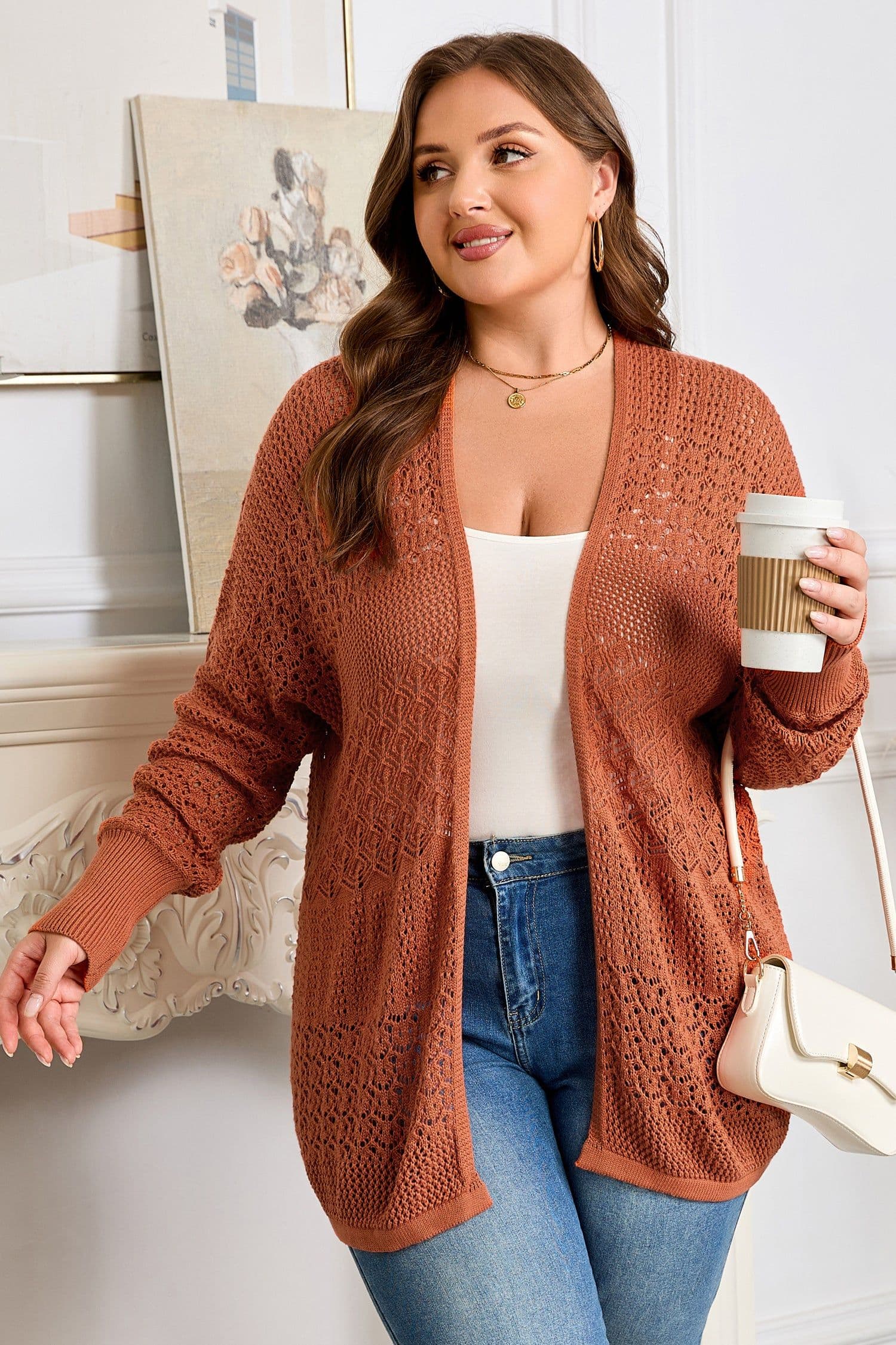 image-Redwood Plus Cardigan - Mixed Pattern Knitted - Open Front - Plus Size