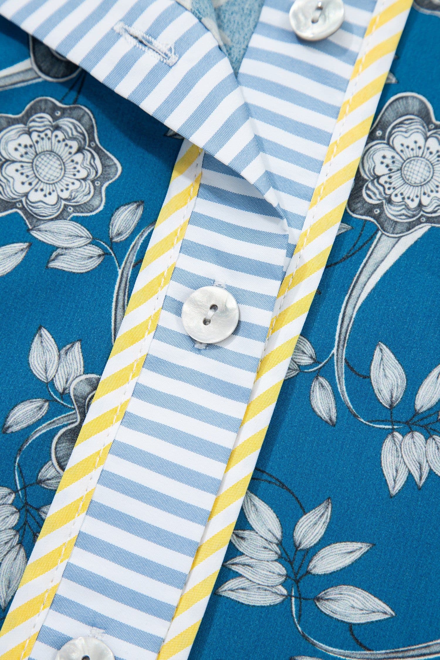 image-Blue Striped Trim Half Buttons Short Sleeve Floral Dress