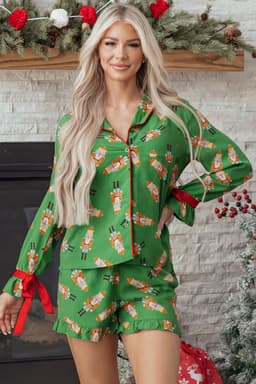 image-Pink Christmas Candy Contrast Trim Bow Knot Silky 2pcs Pajama Set