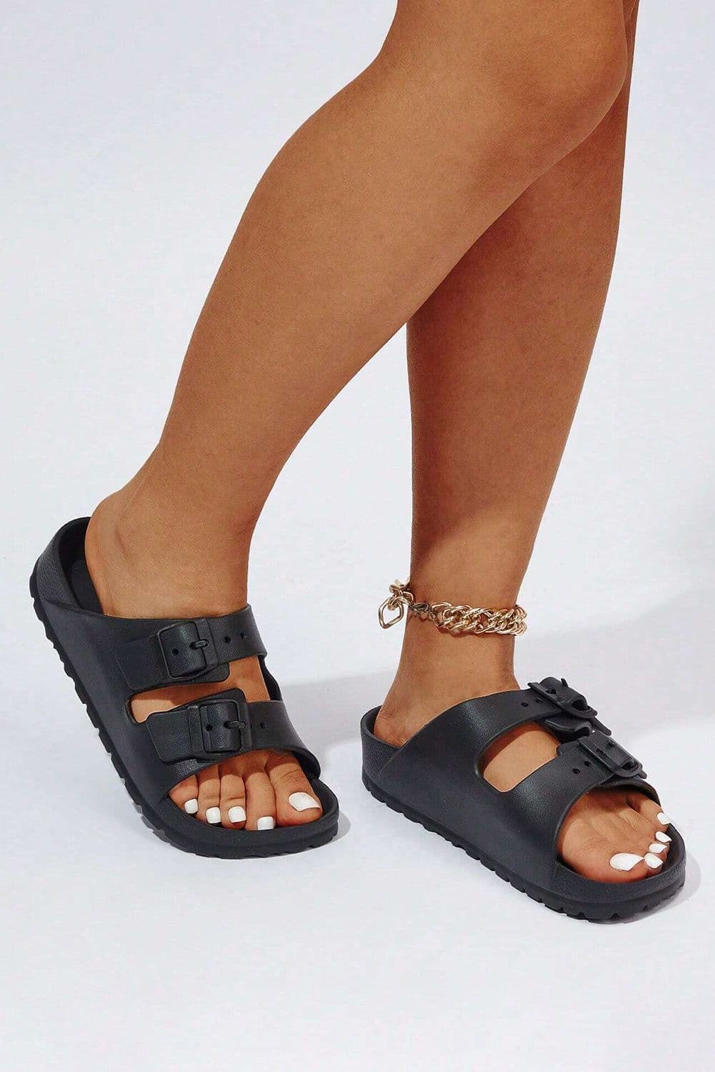 image-Black EVA Slippers with Double-Buckle Adjustable Fit
