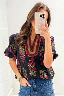 image-White Floral Blouse - Short Puff Sleeve Contrast