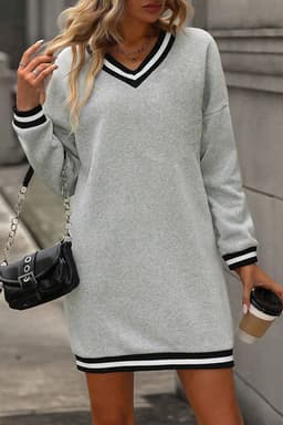 image-Light Grey Striped Trim V Neck Long Sleeve Preppy T Shirt Dress