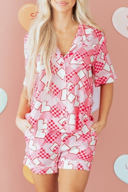 image-Pink Heart Print Silky Pajama Set Short