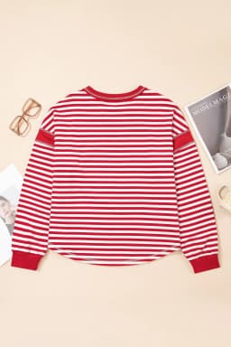 image-Red Stripe V Neck Balloon Sleeve Pullover