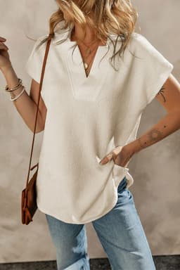image-White Textured V Neck Collared Short Sleeve Top