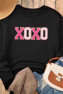 image-Black Chenille XOXO Patched Drop Shoulder Valentines Pullover Sweatshirt