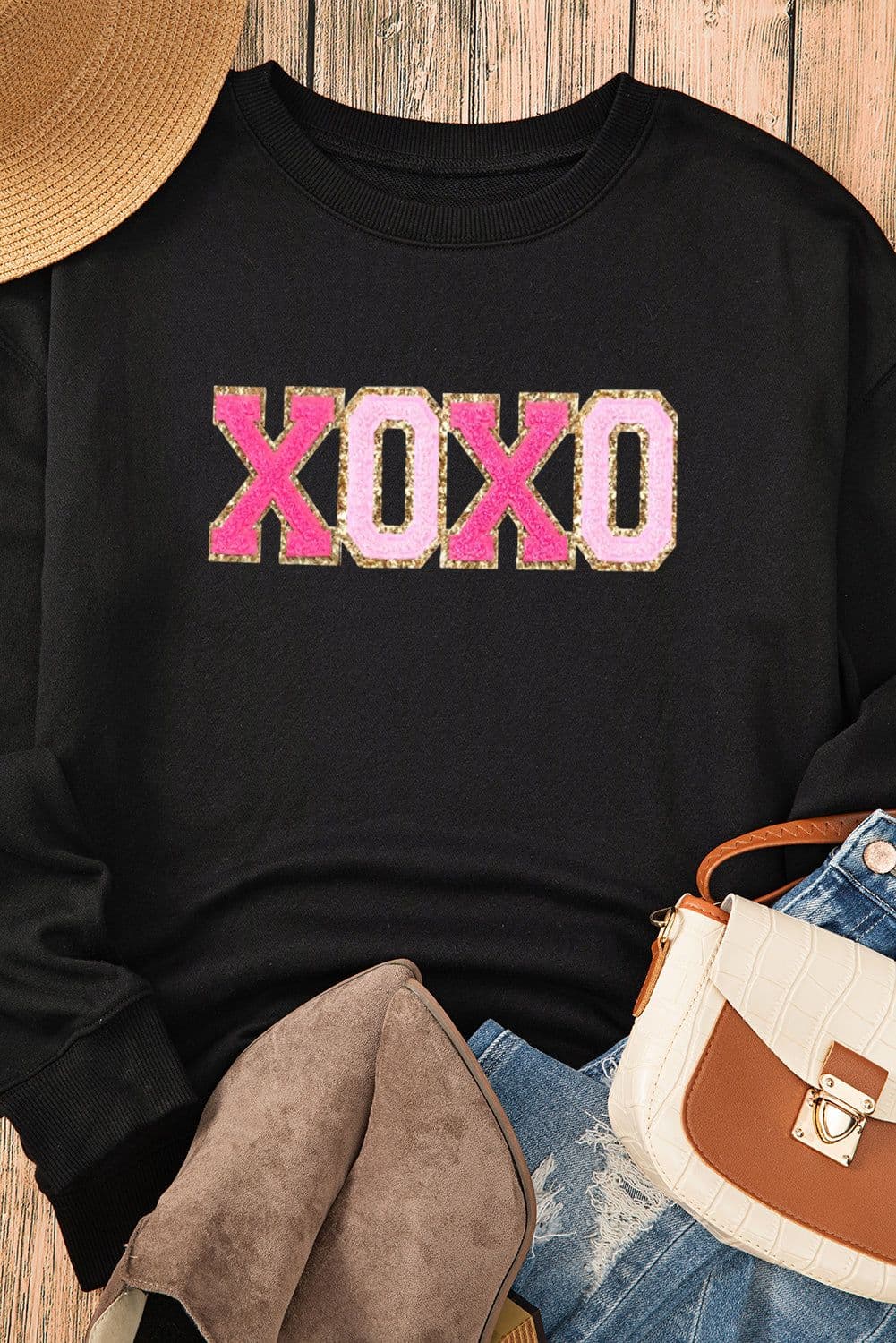 image-Black Chenille XOXO Patched Drop Shoulder Valentines Pullover Sweatshirt