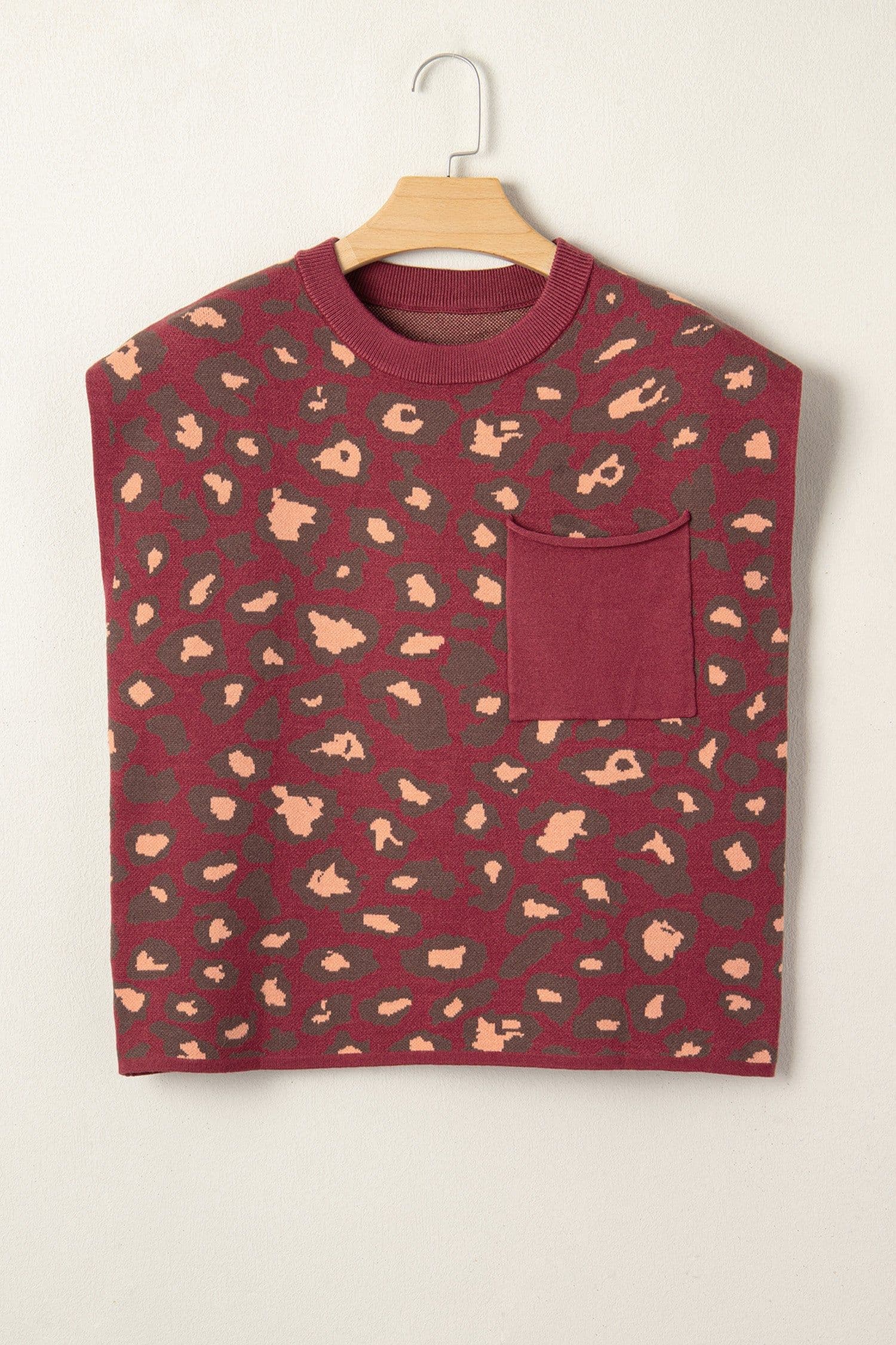 image-Red Leopard Print Cap Sleeve Knitted Top