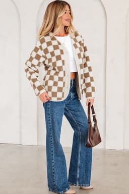 image-Brown Checkered Sherpa Jacket - Buttoned Front
