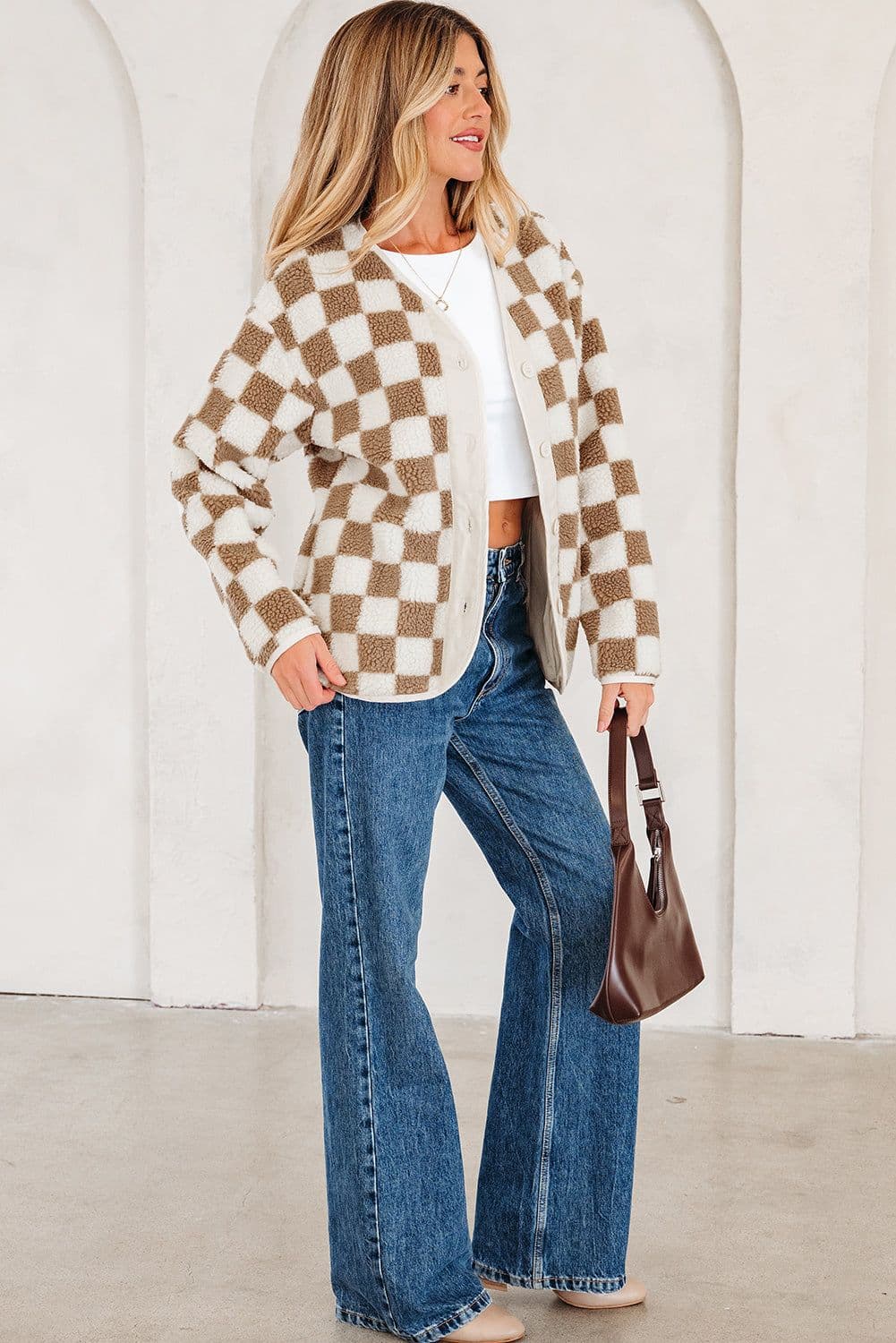 image-Brown Checkered Sherpa Jacket - Buttoned Front