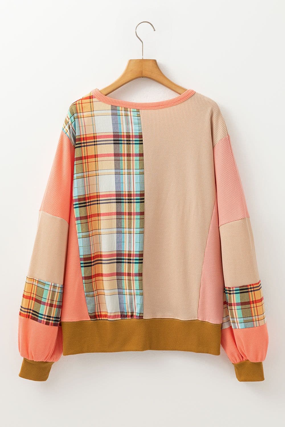 image-Plaid Patchwork Side Slits Loose Multicolour Sweatshirt