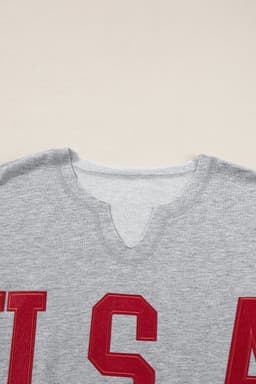 image-Light Grey USA Lettering Patch Notched Neck Loose Tee