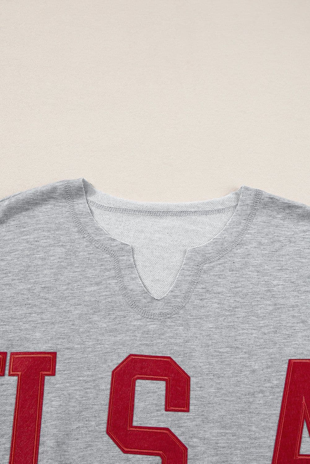 image-Light Grey USA Lettering Patch Notched Neck Loose Tee
