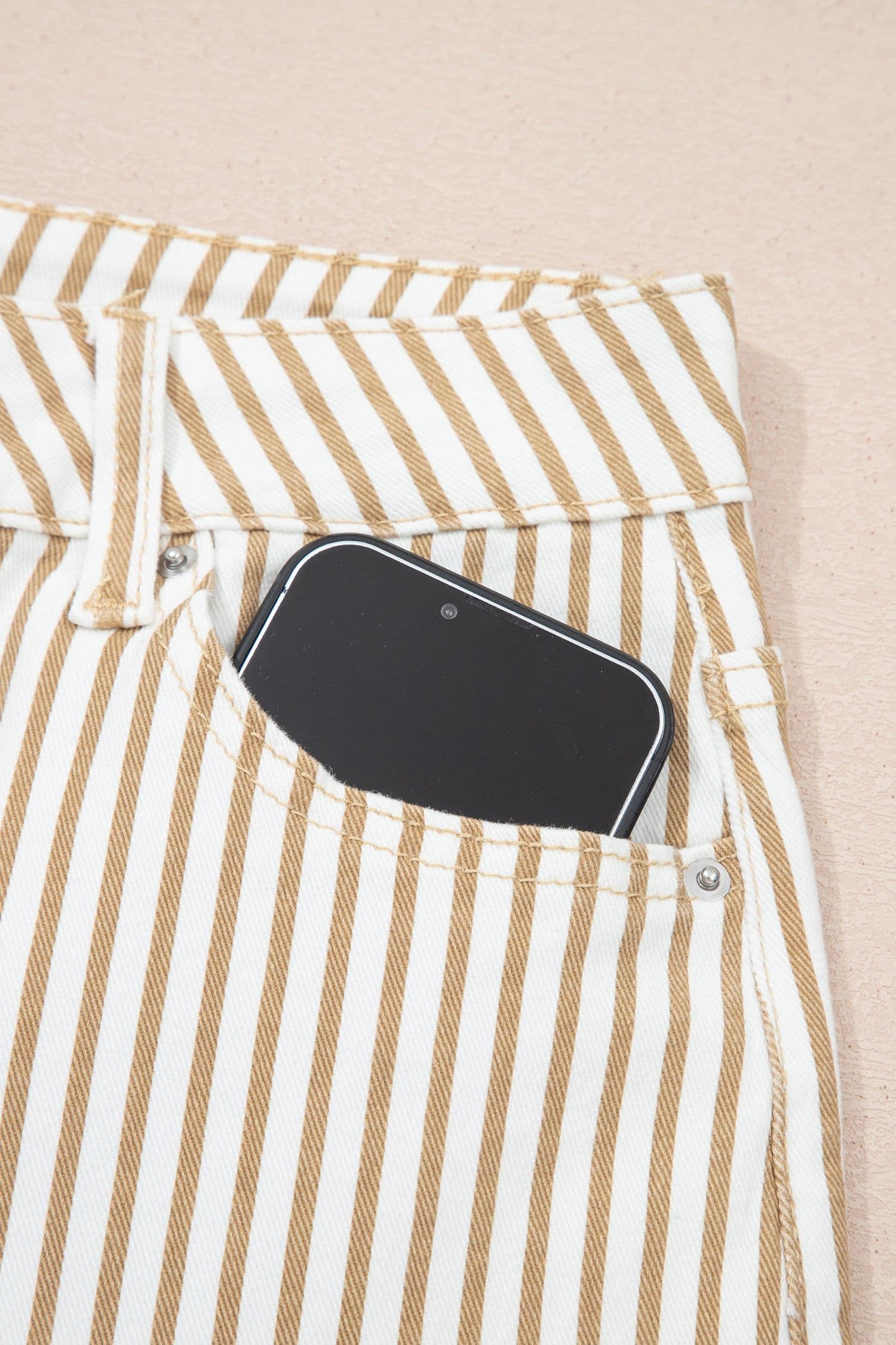 image-Khaki Stripe Casual Barrel Jeans - Striped Denim Pants