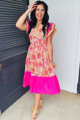 image-Rose Floral Print Color Block Ruffled Short Sleeve Flared Midi Dress