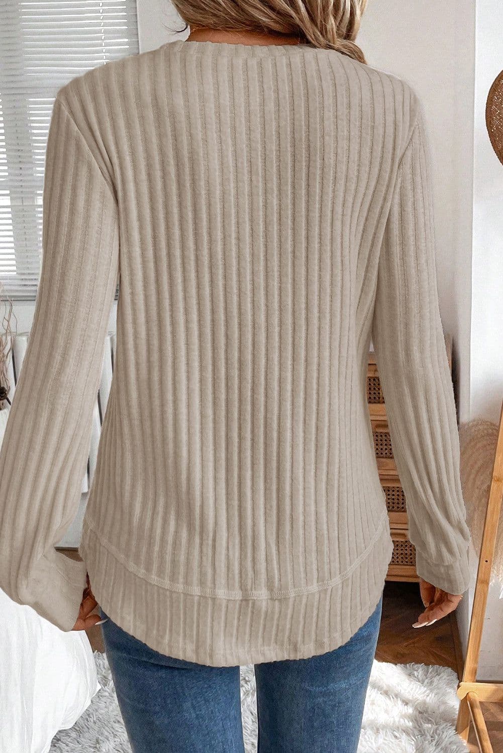 image-White Ribbed Knit Top - Long Sleeve Round Neck
