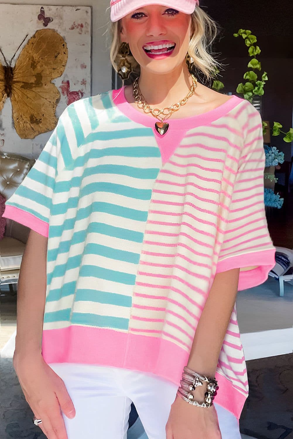 image-Pink Stripe Contrast Patchwork Oversized T-Shirt
