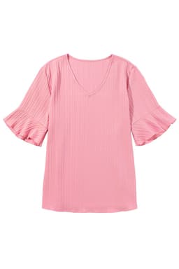 image-Peach Blossom Ruffled V Neck Textured Plus Size Top