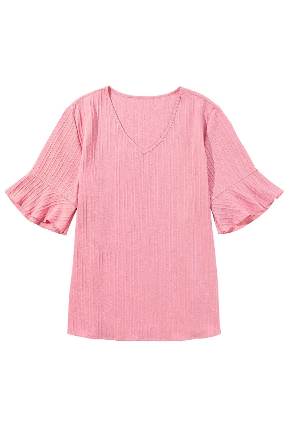 image-Peach Blossom Ruffled V Neck Textured Plus Size Top