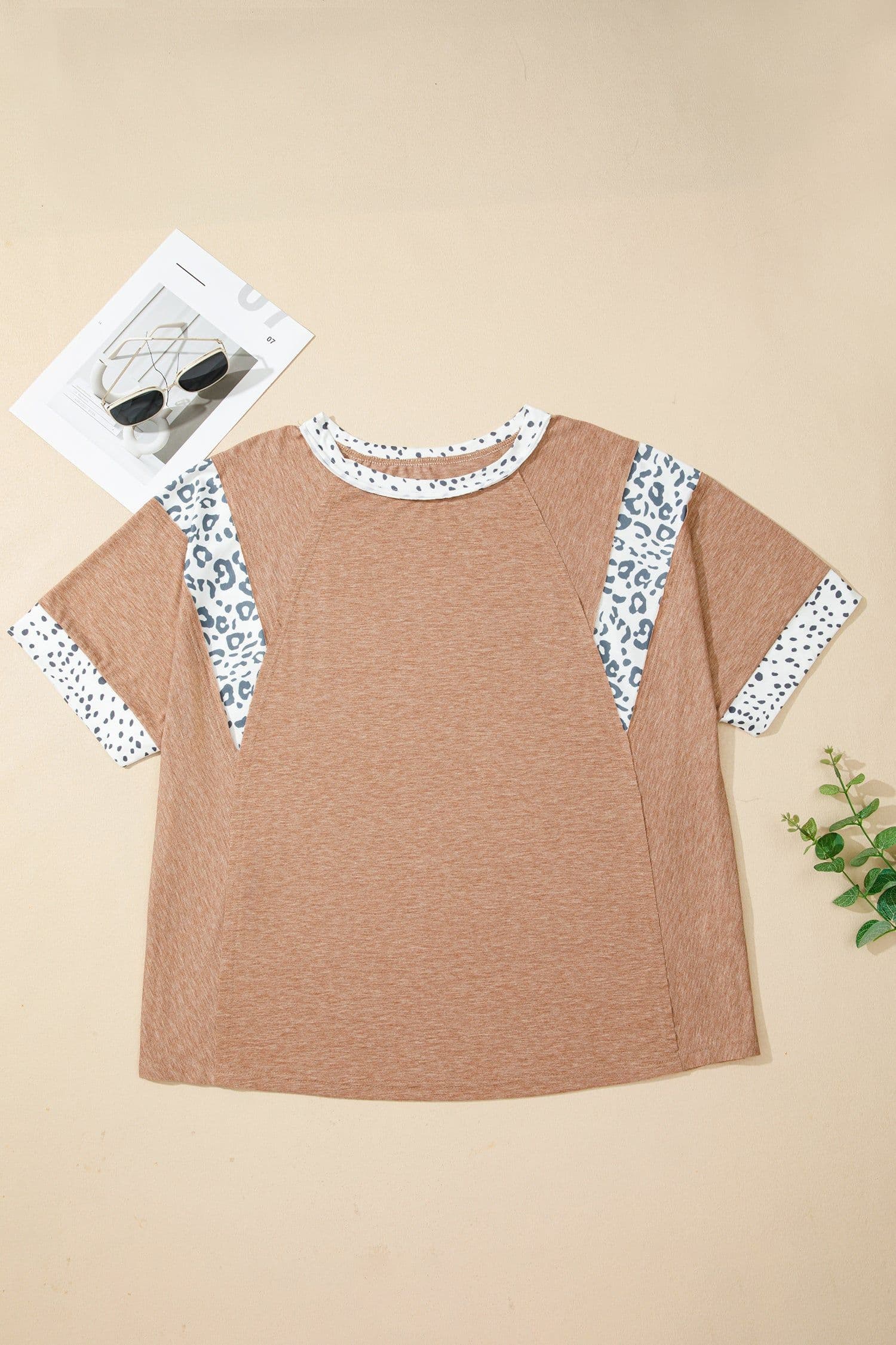 image-Chestnut Animal Color Block Patchwork Plus Size Tee