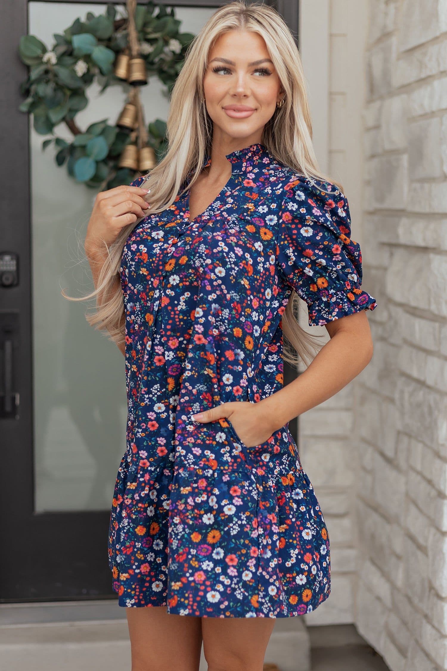 image-Blue Wild Daisy Floral Split Neck Short Puff Sleeve Mini Dress