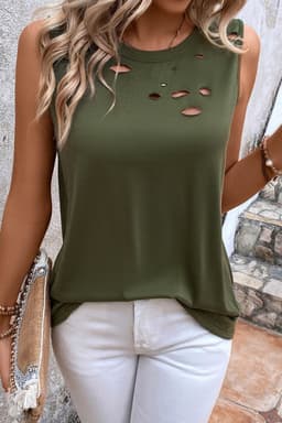 image-Distressed Tank Top - Jungle Green Crew Neck