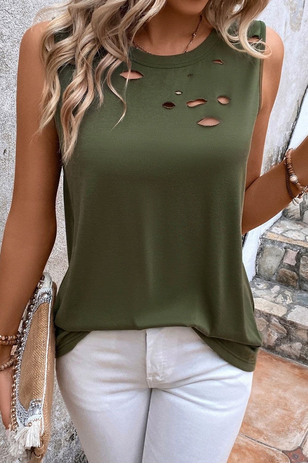 image-Distressed Tank Top - Jungle Green Crew Neck