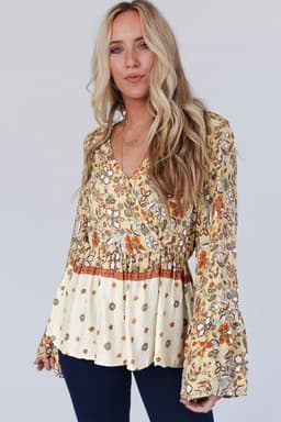image-Yellow Floral Bell Sleeve Blouse With Peplum