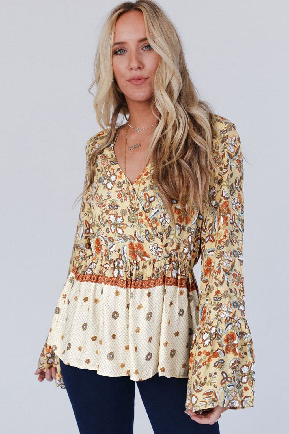 image-Yellow Floral Bell Sleeve Blouse With Peplum