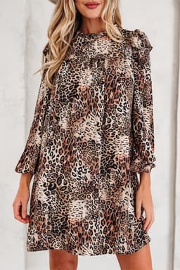 image-Brown Leopard Ruffled Detail Long Sleeve Mini Dress