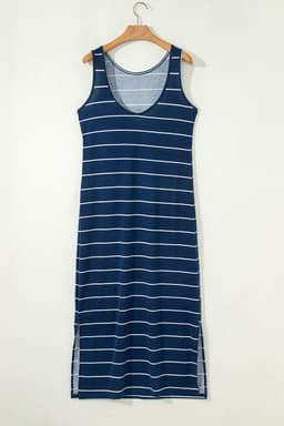 image-Blue Gray Stripe Maxi Dress Open Back Sleeveless