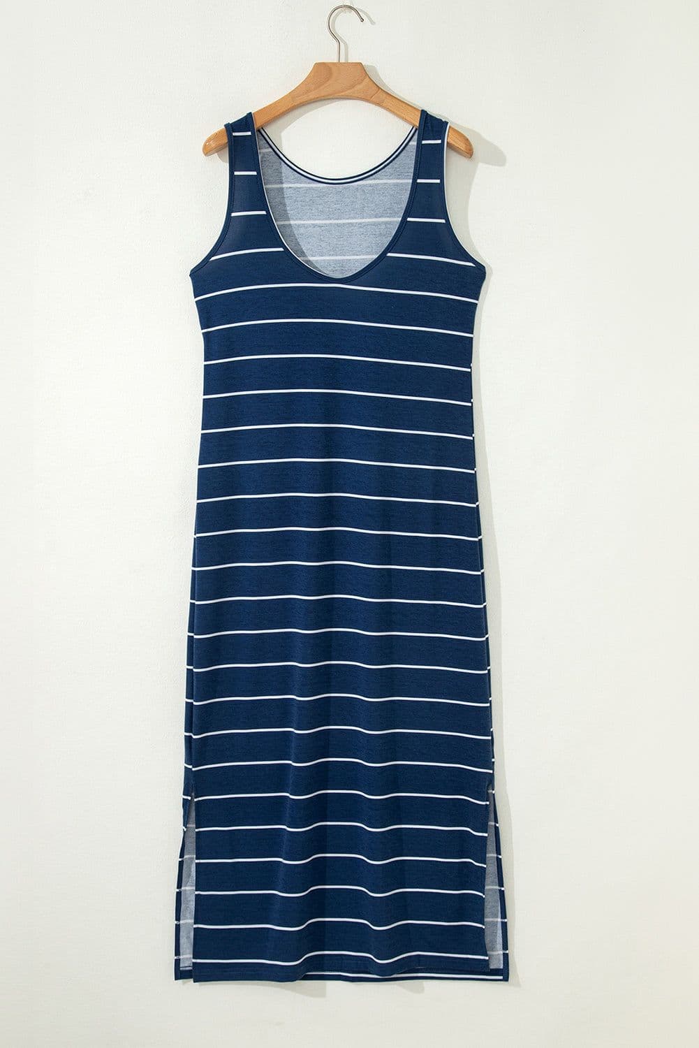 image-Blue Gray Stripe Maxi Dress Open Back Sleeveless